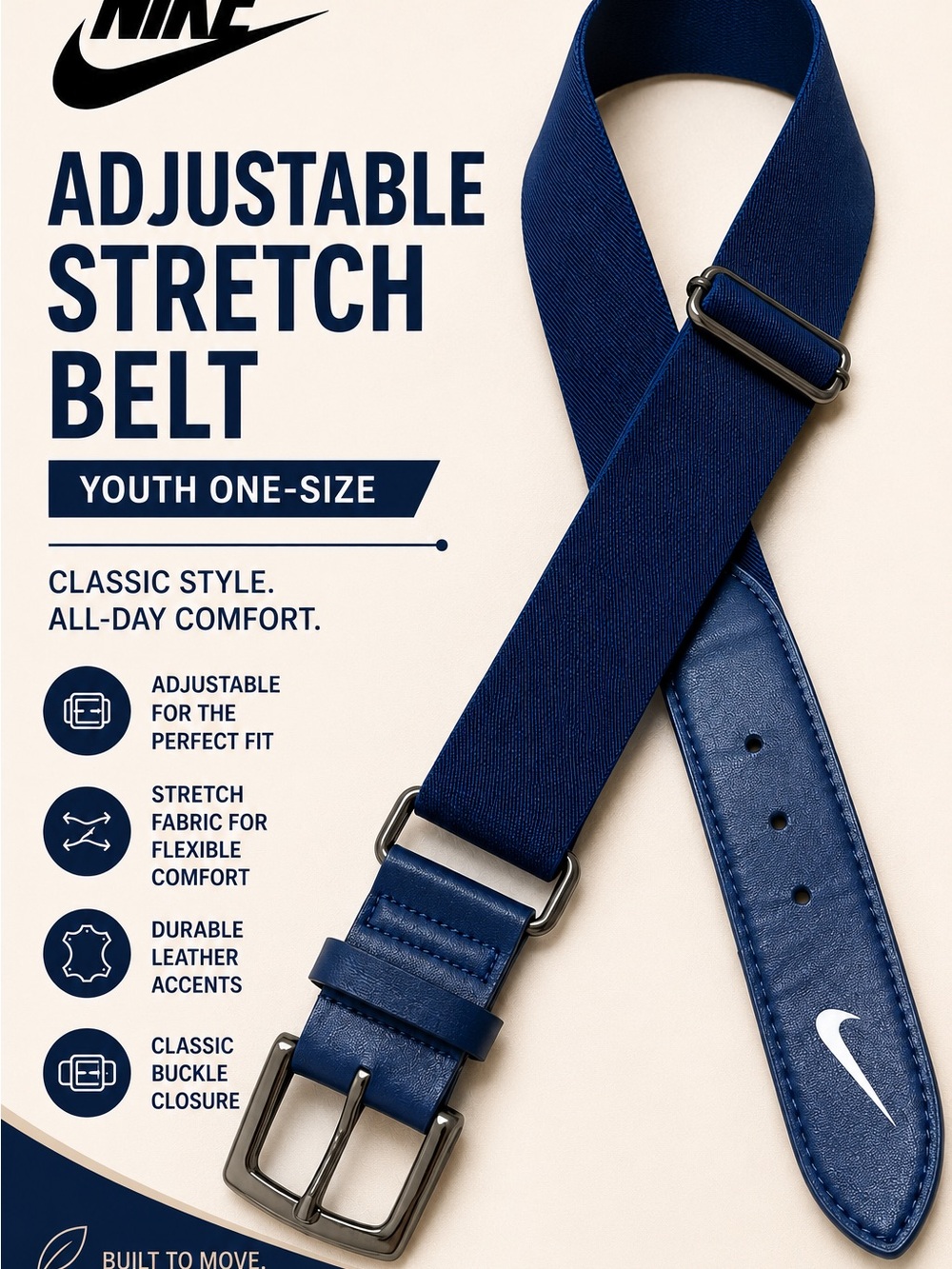 Nike Navy Blue Adjustable Stretch Baseball Belt with Leather Accents (one-size)